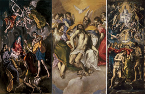 The Adoration of the Shepherds (left), The Holy Trinity, and The Baptism of Christ, by El Greco